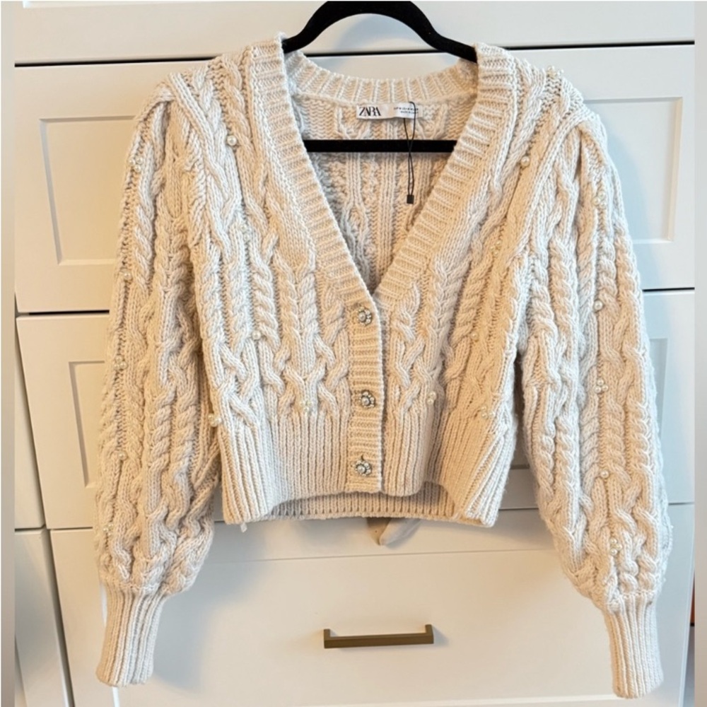 Zara Cream Cable Knit Cardigan Sweater